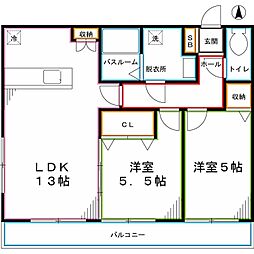 フェリス国立 2LDKの間取図画像