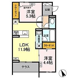 国分寺市東恋ヶ窪2丁目アパート 2LDKの間取図画像
