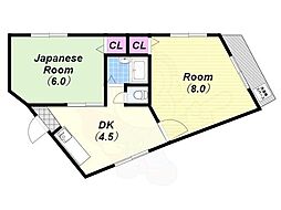 ボンジュール南市岡 2DKの間取図画像