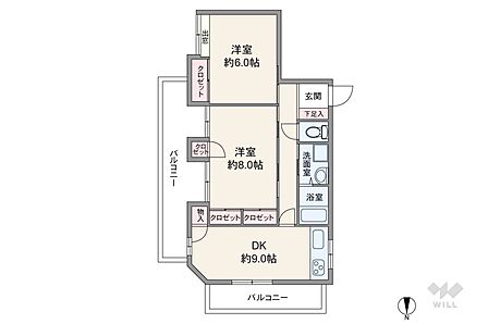 専有面積52.23平米の2DK。全居室6帖以上の広さを確保。バルコニーは2面あり、全居室がバルコニーに面しています。ダイニングキッチンは2面採光で、キッチン前に窓あり。