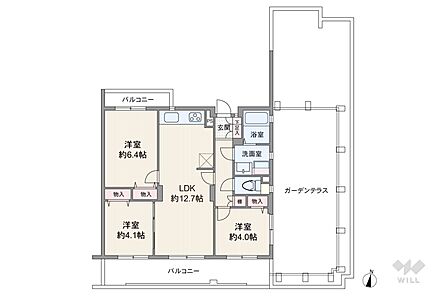 間取りは専有面積60.1平米の3LDK。ルーフバルコニー付き、LDK約12.7帖のプラン。複数方向に採光部があり、バルコニー面積は14.8平米です。