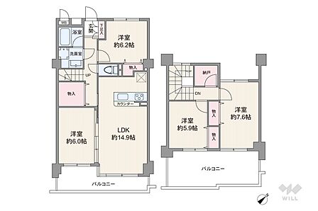 間取りは専有面積99.67平米の4LDK。メゾネット・縦長リビングのプラン。バルコニー面積は25.17平米です。