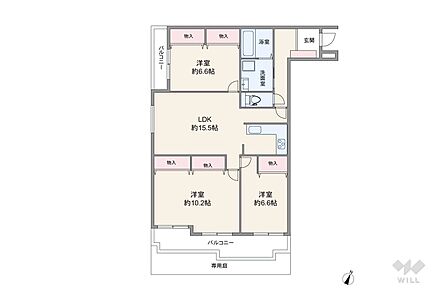 間取りは専有面積86.59平米の4LDK。専用庭付き、LDK約15.5帖のプラン。複数方向に採光部があり、バルコニー面積は8.68平米です。