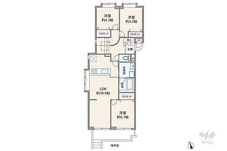 間取りは専有面積78.34平米の3LDK。専用庭付き、センターインのプラン。複数方向に採光部があり、バルコニー面積は7.47平米です。