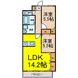 名古屋市営東山線 星ヶ丘駅 徒歩15分の賃貸マンション 2階2LDKの間取り