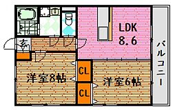 リーベ八木 2LDKの間取図画像