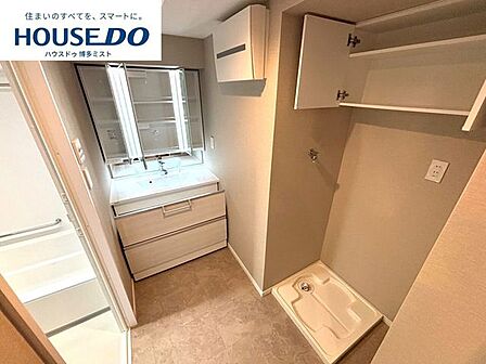 3面鏡の洗面台は、見た目のすっきり感と機能性を両立しています。鏡裏の収納でカウンターまわりをクリーンに保てます。