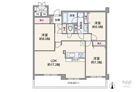 間取りは専有面積83.36平米の3LDK。LDK約17.2帖のプラン。バルコニー面積は16.38平米です。