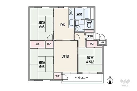 間取りは専有面積68.652平米の4DK。バルコニー面積は7.000平米です。