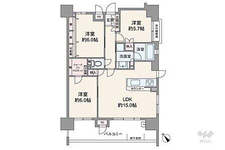間取りは専有面積73.94平米の3LDK。全居室に窓と収納が付いたプラン。LDKと洋室一部屋がバルコニーに面していて、面積は16.30平米です。バルコニーにはトランクルームとスロップシンク付き。