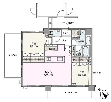 地上6階建の最上階部分に位置する南西向き角住戸です。暮らしの中心となるLDKは、15.8帖の広々空間シューズクロークなど、室内随所に収納が備わっていて、居住空間を広く使えます。