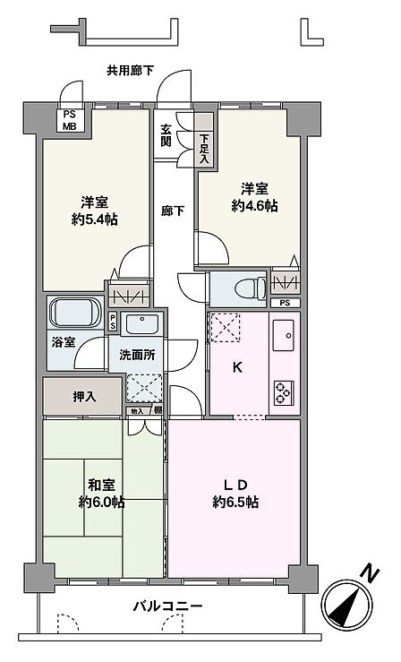 南東向きバルコニーが備わった3LDK住戸です。キッチンから洗面所に向かいやすい設計。水回りが間取りの中心に位置し、家事がスムーズに進みそうです。