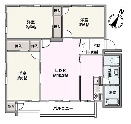 全居室6帖以上のゆとりある広さ。キッチンに洗面所などの水廻りが隣接しており、家事動線にも配慮されています。各洋室は押入れ付きで、住空間を有効活用可能です。