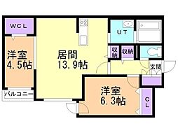 札幌市豊平区平岸五条13丁目マンション 2LDKの間取図画像
