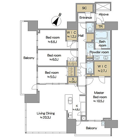 5階南東向き、4LDK、価格32800万円、専有面積127.51m2、バルコニー面積18.55m2、広々としたLDK約25.1帖となっております。