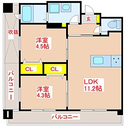 リアンシエルブルー高麗 2LDKの間取図画像