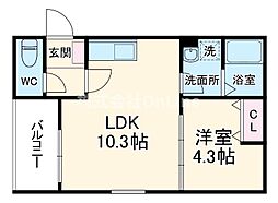 CASA友井 3階1LDKの間取り