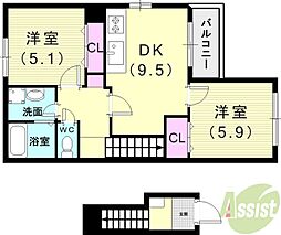 オーヴェストアカシ 2DKの間取図画像