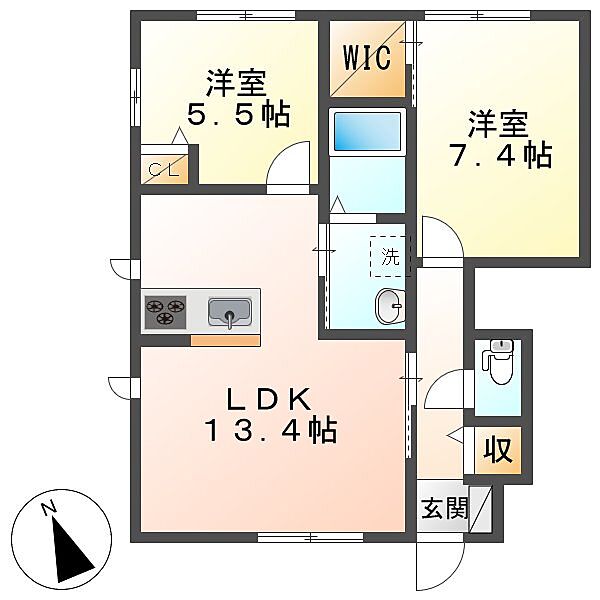 岡山県倉敷市安江(賃貸アパート2LDK・1階・58.27㎡)の写真 その2