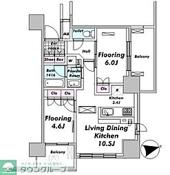 レジディアタワー目黒不動前 5階2LDKの間取り