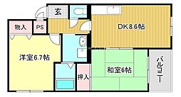 ベルヌーブ森神 2DKの間取図画像