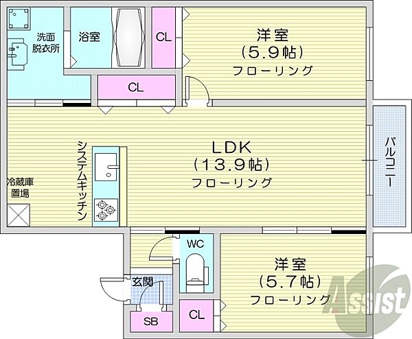 北海道札幌市中央区宮の森二条10丁目(賃貸マンション2LDK・2階・56.38㎡)の写真 その2