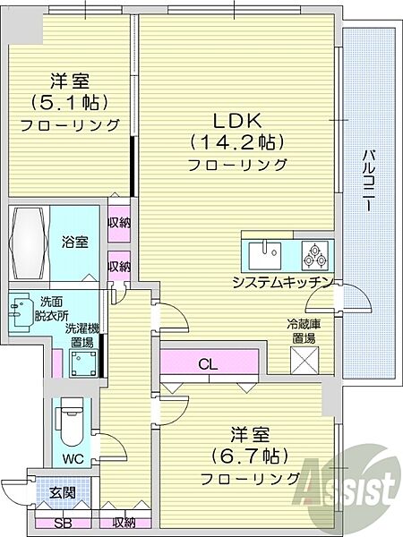 北海道札幌市中央区北五条西24丁目(賃貸マンション2LDK・3階・60.92㎡)の写真 その2