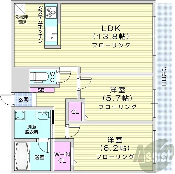 北海道札幌市中央区南七条西18丁目(賃貸マンション2LDK・2階・59.63㎡)の写真 その2