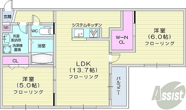 北海道札幌市中央区北三条東7丁目(賃貸マンション2LDK・2階・54.02㎡)の写真 その2