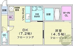 札幌市営南北線 南平岸駅 徒歩7分の賃貸マンション 1階1DKの間取り