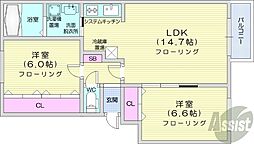 札幌市電2系統 電車事業所前駅 徒歩10分の賃貸マンション 1階2LDKの間取り