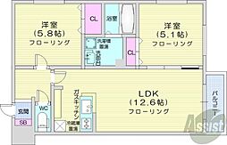 グランディールN21イースト 2LDKの間取図画像