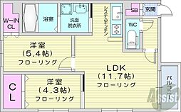 プリエ北33条 2LDKの間取図画像