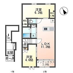 名鉄名古屋本線 鳴海駅 徒歩23分の賃貸アパート 2階2LDKの間取り