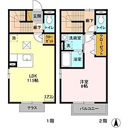 クレストスクエアA・B・C・D・E・F 2階1LDKの間取り