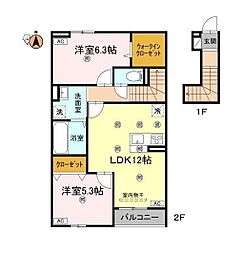 グランツ上福万 B棟 2LDKの間取図画像