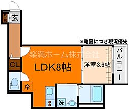 京都市山科区大宅五反畑町アパート 1LDKの間取図画像