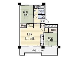 鴨池二丁目団地1号棟 2LDKの間取図画像