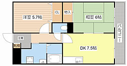 御園ハイツ1 2DKの間取図画像