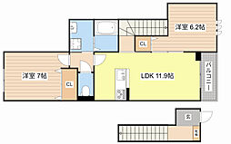 JR北陸本線 長浜駅 徒歩15分の賃貸アパート 2階2LDKの間取り