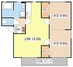 近江鉄道近江本線 高宮駅 徒歩8分の賃貸アパート 2階2LDKの間取り