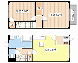 JR北陸本線 長浜駅 3.1kmの賃貸テラスハウス 1階2DKの間取り