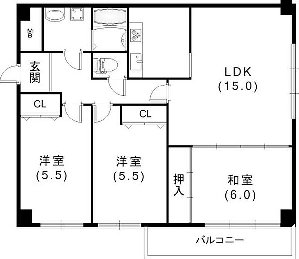 リアンジェ六甲 301｜兵庫県神戸市灘区箕岡通1丁目(賃貸マンション3LDK・3階・73.26㎡)の写真 その3