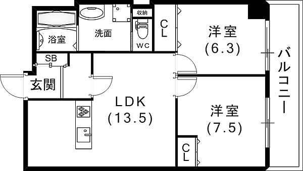 北野ダイヤハイツ 502｜兵庫県神戸市中央区加納町2丁目(賃貸マンション2LDK・5階・57.00㎡)の写真 その3