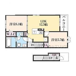 プラシード第3長田 2LDKの間取図画像