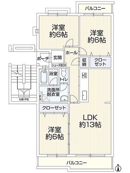 南向きの日当たり良い3LDKの間取。二面バルコニーのため風通しも良いです♪