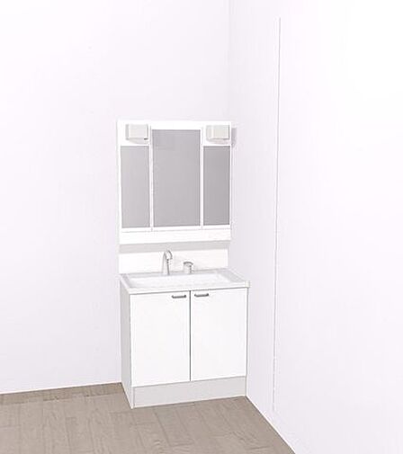 【同仕様写真/洗面化粧台】洗面化粧台はハウステック製の新品に交換します。三面鏡の裏側はすべて収納になっています。洗面ボウルは底が平らなので、つけ置き洗いなどの家事でも活躍します。