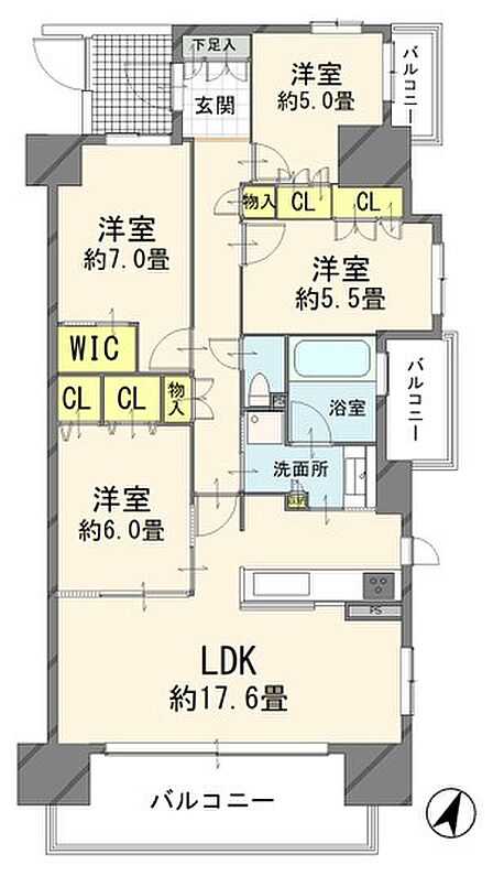4LDK、専有面積93.49m2、バルコニー面積16.35m2 【間取り図】