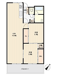 ホワイトキャッスル第2下到津A棟 2LDKの間取図画像