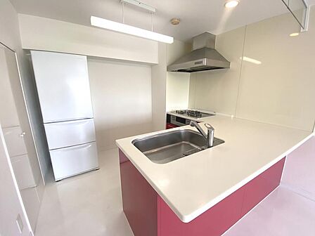 お部屋のアクセントとして美しく映えるカラーのシステムキッチンです。3口ガスコンロや大型のレンジフード、お掃除のしやすいワークトップなど、日々の家事を快適にサポートする機能的な設備が整っています。
